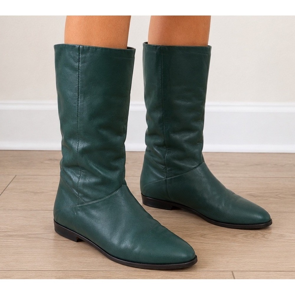 Vintage 80s 9 West Phoebe Green Leather Mid Calf Riding Boots Womens Size 6.5M